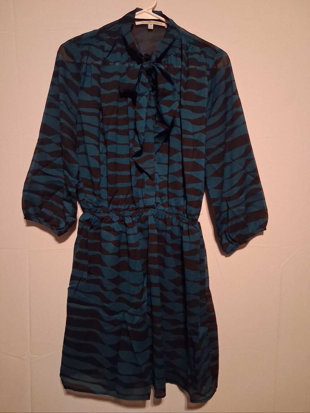 Collective Concepts Teal Black Wave Print Tie Neck Blouse Dress M